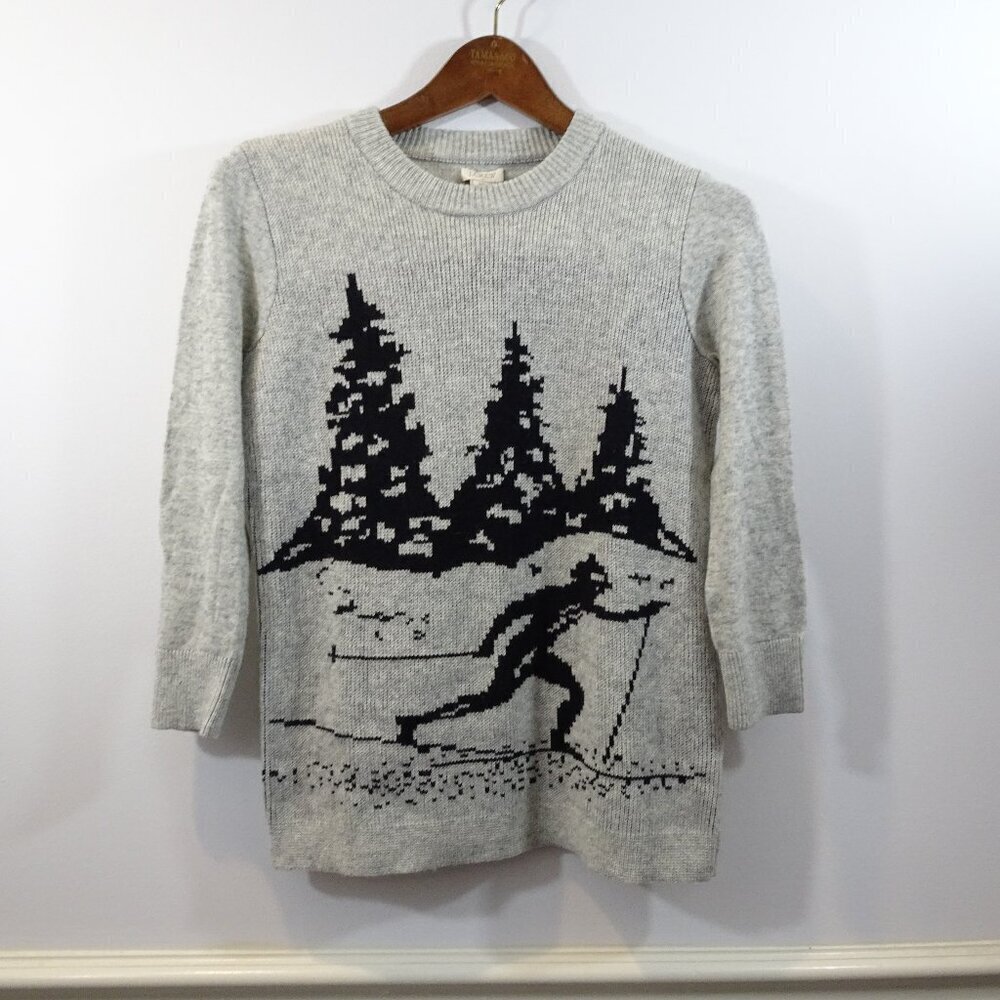 J Crew Sweater Womens XS Gray Apres Alpine Skier Merino Wool Black 3/4 Sleeves